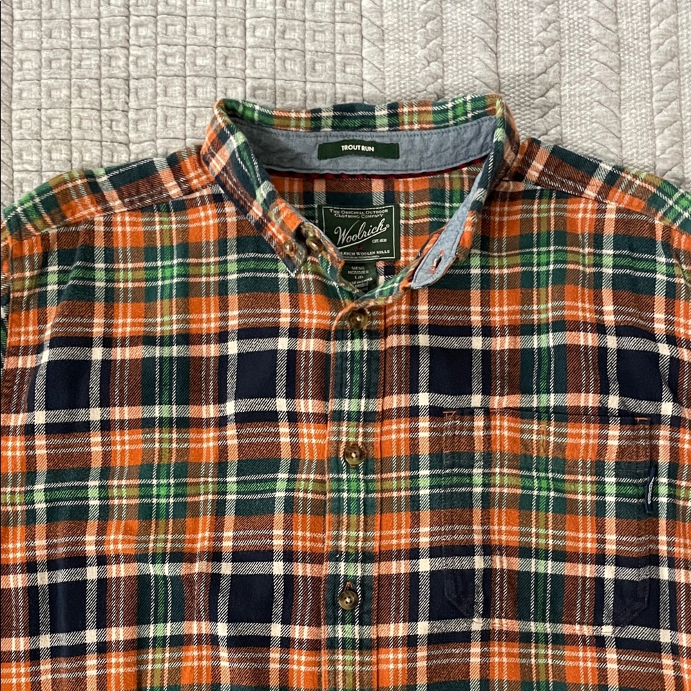 Woolrich Trout Run Plaid Flannel Shirt - Green, Orange, and Navy
